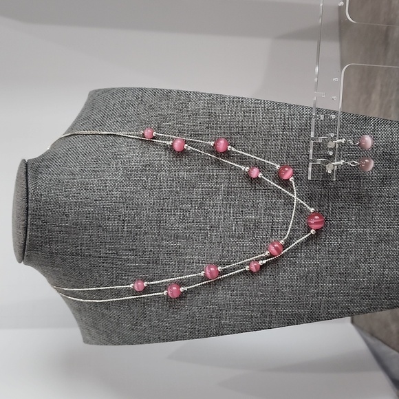 Pink Cat's Eye Glass Bead Necklace & Earring Set Silver Tone Jewelry Bundle - Picture 1 of 4